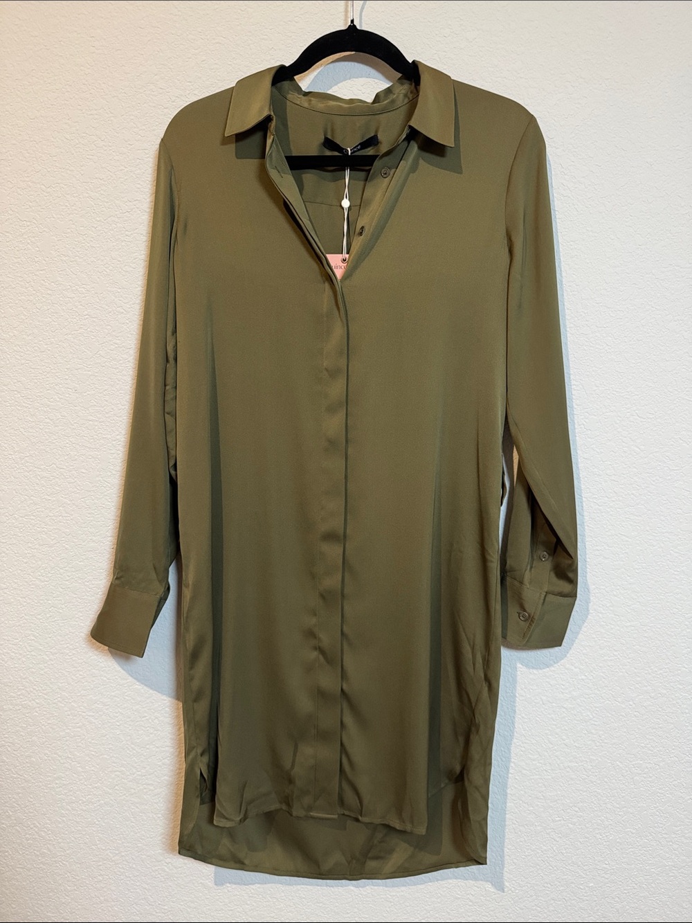 NWT Quince Washable Stretch Silk Green Long Sleeve Button Down Shirt Dress